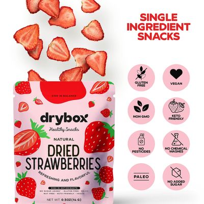 Drybox Dried Strawberries No Sugar Added, 5 PORTION SNACK PACKS Sliced Strawberry Chips Dehydrated Fruit Snack, All Natural non-GMO Unsweetened Gluten Free, .5 oz per pack, 5 Packs
