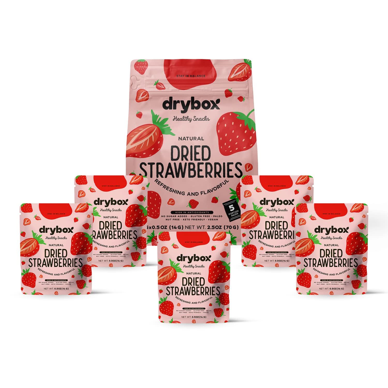 Drybox Dried Strawberries No Sugar Added, 5 PORTION SNACK PACKS Sliced Strawberry Chips Dehydrated Fruit Snack, All Natural non-GMO Unsweetened Gluten Free, .5 oz per pack, 5 Packs