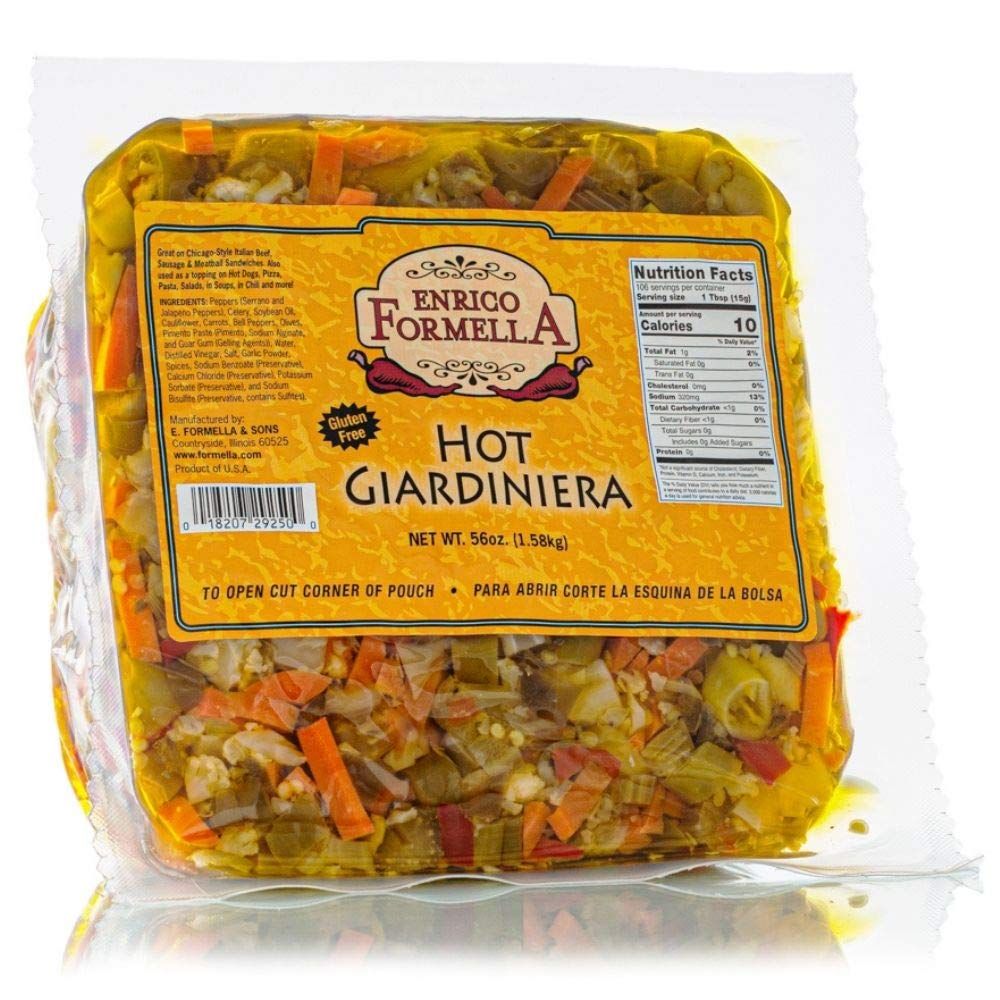 Enrico Formella | Hot Giardiniera Pouch | Italian - Chicago Style Hot Pickled Vegetables 56oz.