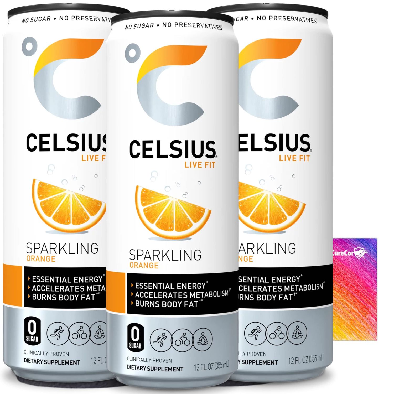 Celsius-Sparkling Energy Drink - Three (3) Cans of Delicious, All-Natural Energy Blend 12Fl Oz, and CureCor Collective Sticker! (Orange)