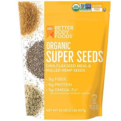 BetterBody Foods Superfood Organic Super Seeds - Chia Flax &amp; Hemp Seeds, Blend of Organic Milled Flax Seed Organic Hemp Hearts, Add to Smoothies Shakes &amp; More, 2lb, 32 oz