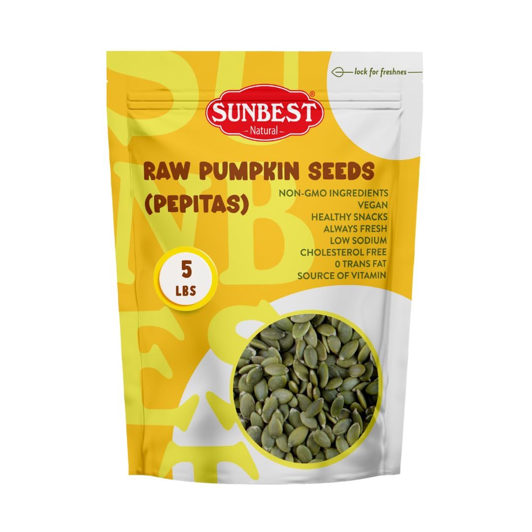 Sunbest Natural Raw Pumpkin Seeds 80 Oz (5 LB) 1 Pack - Nutrient-Rich, Unsalted, Ready to Eat - Ideal for Snacking, Cooking &amp; Baking - Non-GMO, Kosher, Vegan-Friendly - Bulk Packaging