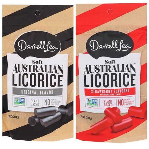 Darrell Lea Soft Australian Made Licorice, Original Black Flavor AND Strawberry, 7 oz Bag | Non-GMO, No Palm Oil, No Artificial Flavors, Plant-Based, Kosher, America&#39;s #1 Soft Eating Licorice!