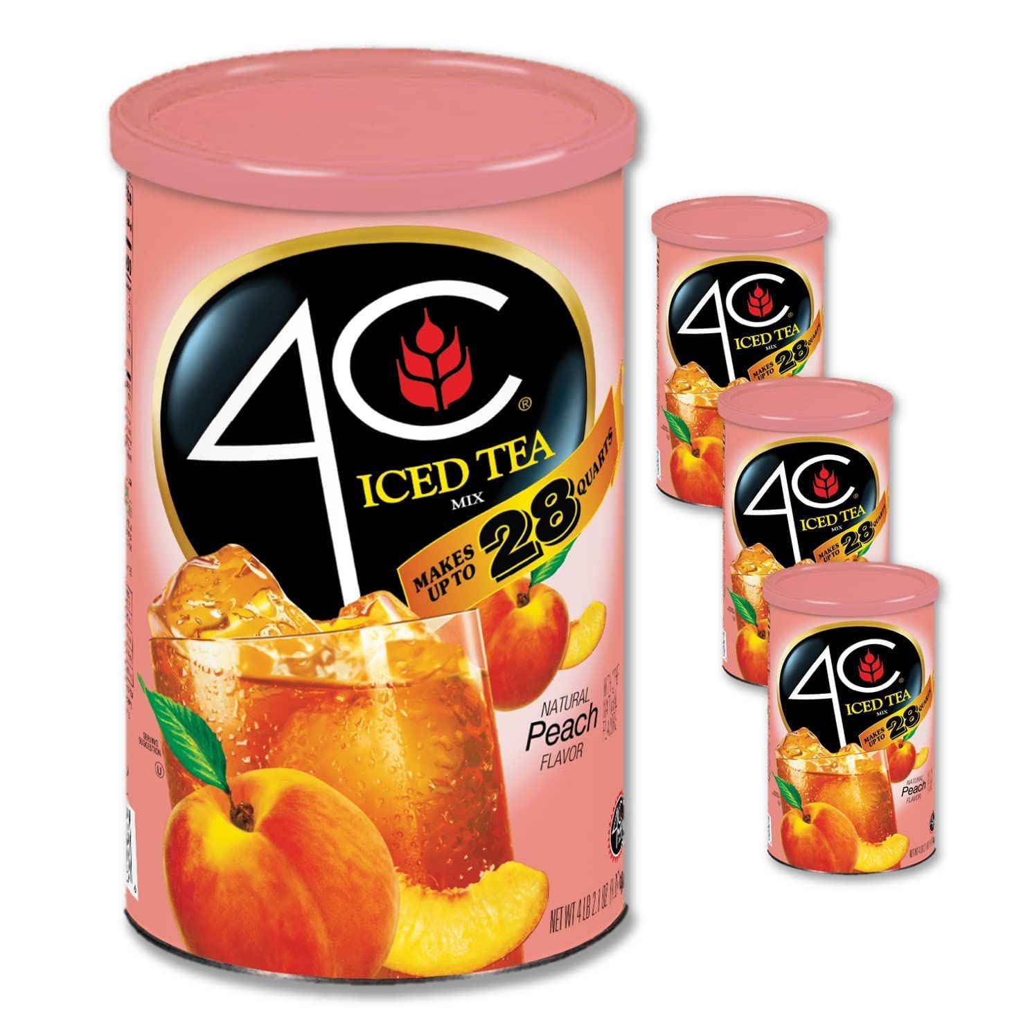 4C Powdered Drink Mix Cannisters, Peach Tea 3 Pack, 28 Quarts, Family Sized Cannister, Thirst Quenching &amp; Refreshing Flavors