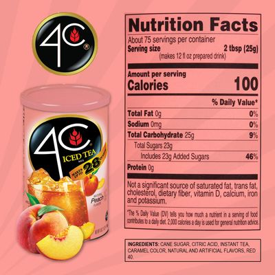 4C Powdered Drink Mix Cannisters, Peach Tea 3 Pack, 28 Quarts, Family Sized Cannister, Thirst Quenching &amp; Refreshing Flavors