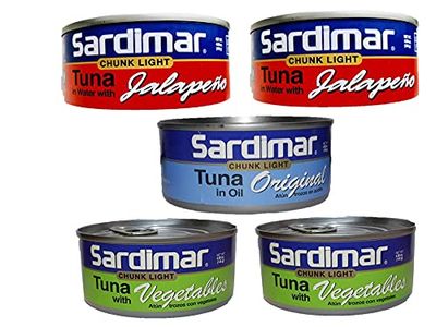 Atun Sardimar - 5 Tuna Assorted Variety Pack (2 Vegetable, 2 Jalapeno, 1 Original) 4.98 oz each can