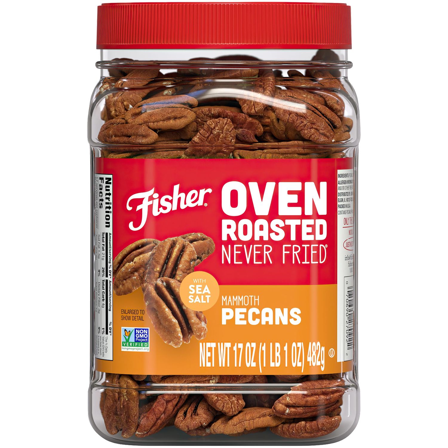 Fisher Oven Roasted Never Fried Mammoth Pecans, 17 Ounces (Pack of 1), Heart Healthy Snacks for Adults, Made with Sea Salt, No Added Oil or Artificial Ingredients , Gluten Free, Vegan Protein, Bulk
