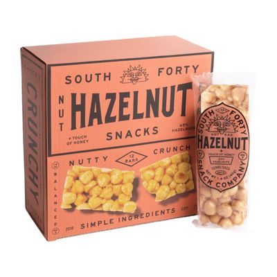 South 40 Snacks Hazelnut Bar, Extra Crunchy Nut Snack Bar, Simple Ingredients, Honey and Sugar No Sodium, Delicious Healthy Nut Cluster, Individually Wrapped, 4 Grams of Protein (40g Bar, Pack of 12)