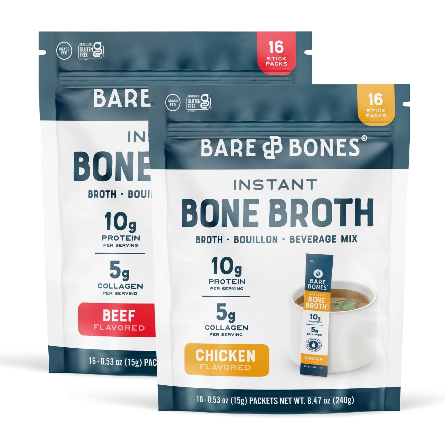 Bare Bones Bone Broth Instant Powdered Beverage Mix, Chicken &amp; Beef, Variety Pack of 32, 16 Chicken &amp; 16 Beef - 15g Sticks, 10g Protein, Keto &amp; Paleo Friendly
