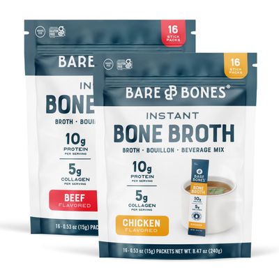 Bare Bones Bone Broth Instant Powdered Beverage Mix, Chicken &amp; Beef, Variety Pack of 32, 16 Chicken &amp; 16 Beef - 15g Sticks, 10g Protein, Keto &amp; Paleo Friendly