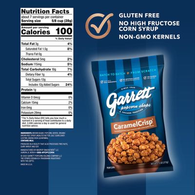 Garrett Popcorn CaramelCrisp, 7.5oz, 4 Bags, Caramel Gourmet Popcorn, Gluten Free, Sweet Snack, Popped Popcorn Bags