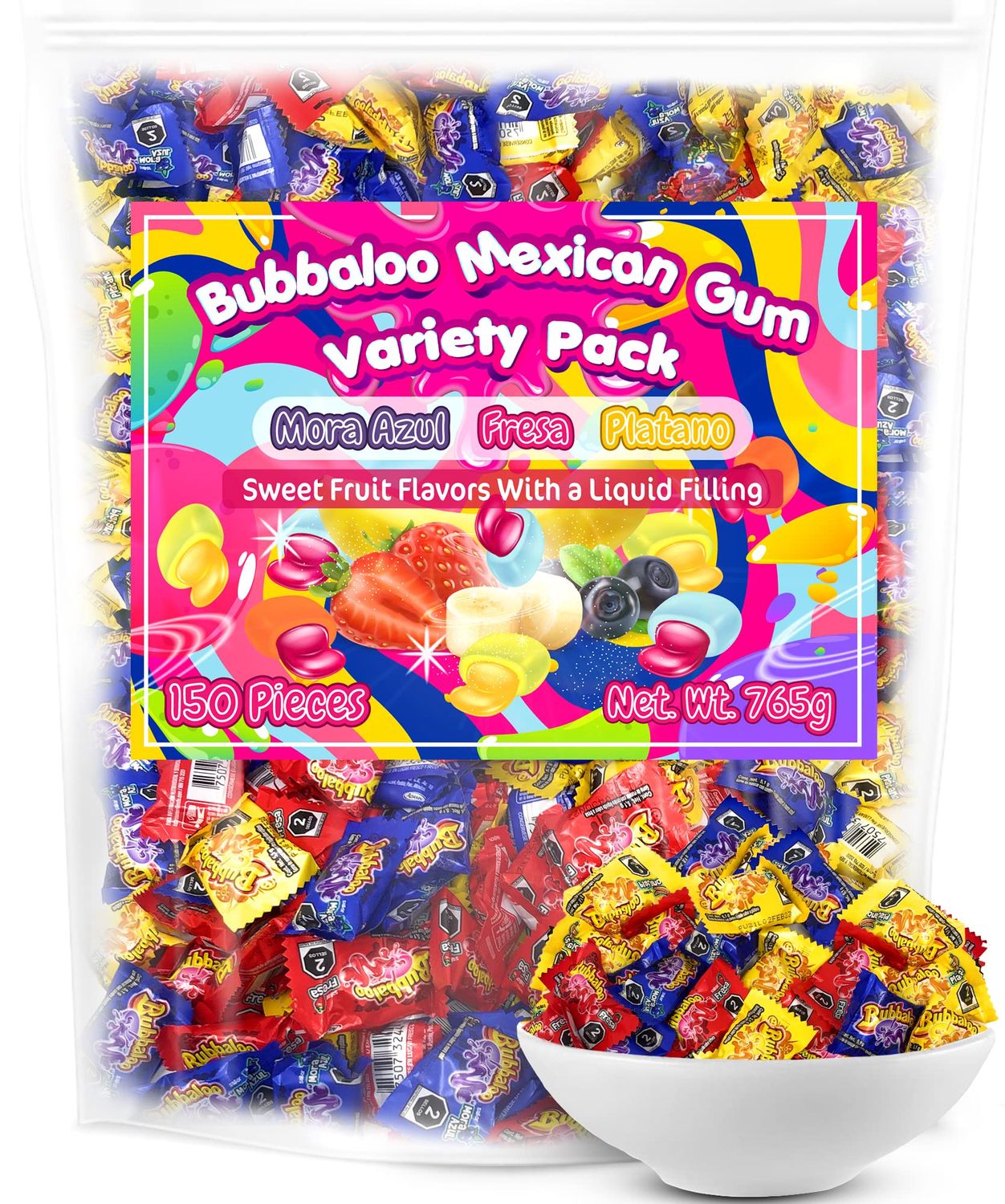Bubbaloo Mexican Bubble Gum Variety Pack, 150 Pcs. Authentic Bubblegum Fruit Flavors, Banana, Strawberry, and Blueberry, by Don Turinos