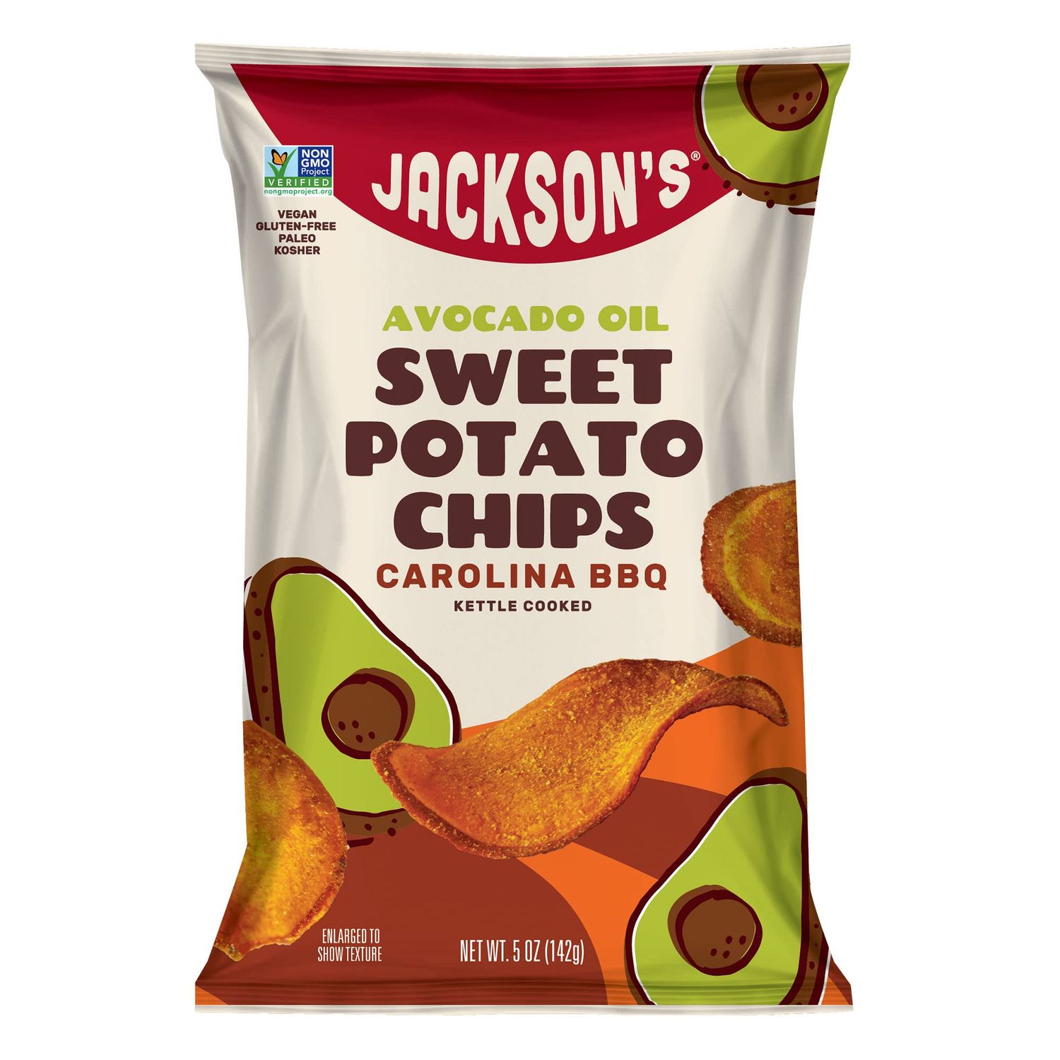 Jacksons Sweet Potato Carolina BBQ Kettle Chips made with Premium Avocado Oil (5 oz, Pack of 12) - Allergen-friendly, Gluten Free, Peanut Free, Vegan, Paleo Friendly - Shark Tank Product