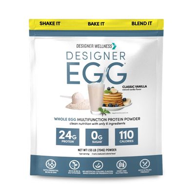 Designer Wellness, Designer Egg, Natural Egg Yolk &amp; Egg White Protein Powder, Keto and Paleo Friendly, Low Calorie, Less Fat and Cholesterol, Classic Vanilla, 1.55 Pound