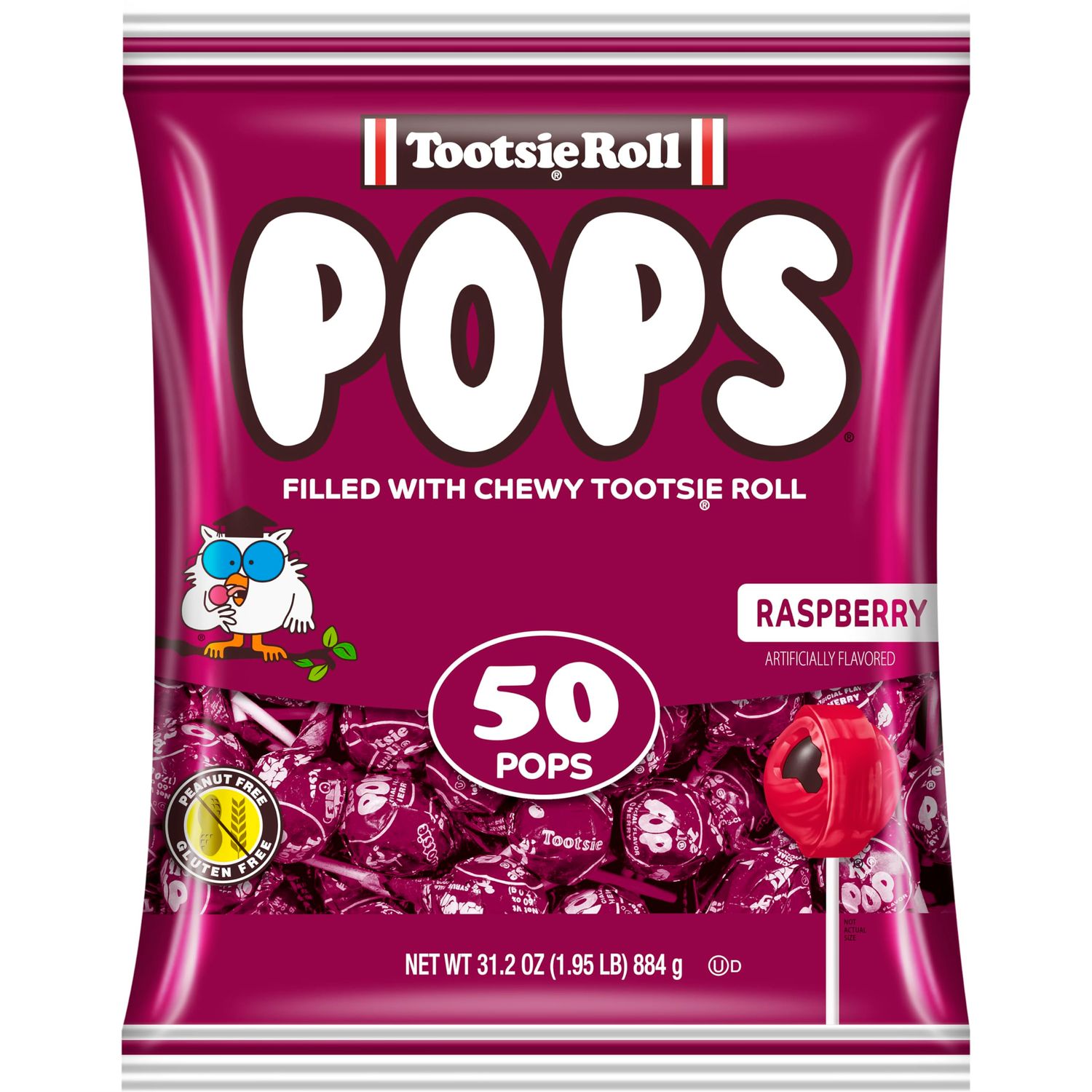 Tootsie Pops Single Flavor Bag - Raspberry Flavored Lollipops with Chocolatey Center - Individually Wrapped Hard Candy - Purple Candy - Peanut Free, Gluten Free, 50 Count (Pack of 1)
