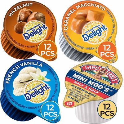 Coffee Creamer Singles Variety Pack - 48-Count Assorted Non Dairy Liquid Coffee Creamers - 4 Flavors: French Vanilla, Hazelnut, Caramel Macchiato &amp; Half and Half - For International Delight Fans