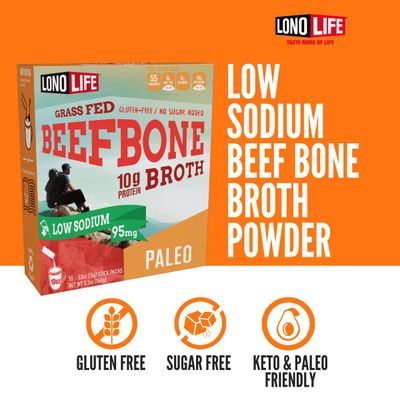 LonoLife Low Sodium Beef Bone Broth Powder Mix | Grass-Fed, 10g Protein | Collagen-Rich, Keto &amp; Paleo Friendly | Natural Ingredients | 10 Portable Stick Pack Servings