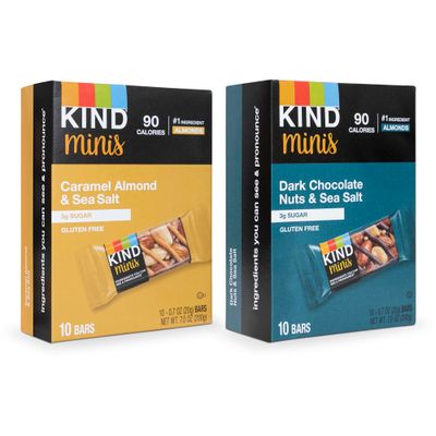 Kind Minis, Variety Pack. Contains 1 Caramel Almond &amp; Sea Salt, and 1 Dark Chocolate Nuts &amp; Sea Salt, Low Calorie, Gluten Free, Low Sugar, Healthy Snacks, Ilios Packaging. [20 Bars]