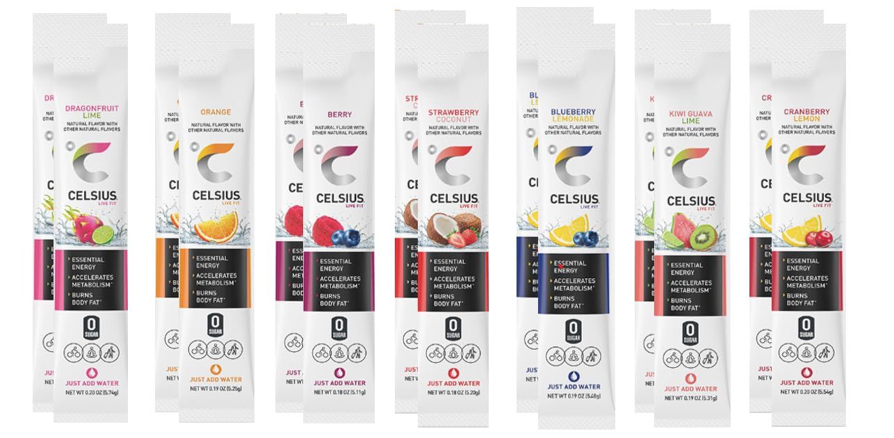 On-The-Go Energy Powder Sticks Variety Pack |Zero Sugar| |7 flavors (14Count) 2 Blueberry Lemonade, 2 Strawberry Coconut, 2 Berry, 2 Dragonfruit Lime, 2 Orange, 2 Kiwi Guava Lime, 2 Cranberry Lemon