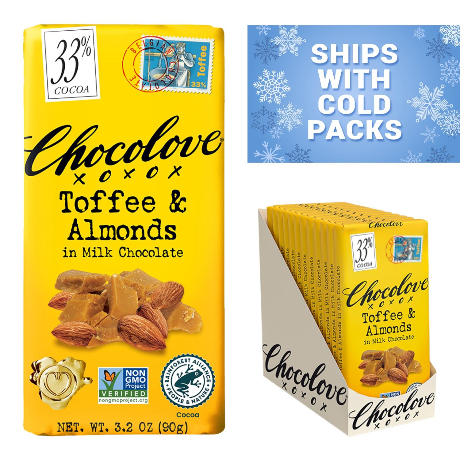 Chocolove Toffee &amp; Almond Milk Chocolate Bars | 33% Cocoa | Made with Creamy Belgian Chocolate | Sustainably Sourced, Non-GMO, &amp; Gluten-Free, 3.2 oz Bar (12 Pack)