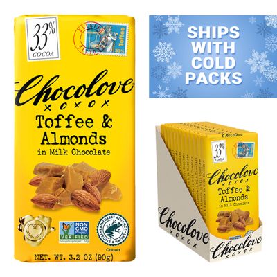 Chocolove Toffee &amp; Almond Milk Chocolate Bars | 33% Cocoa | Made with Creamy Belgian Chocolate | Sustainably Sourced, Non-GMO, &amp; Gluten-Free, 3.2 oz Bar (12 Pack)