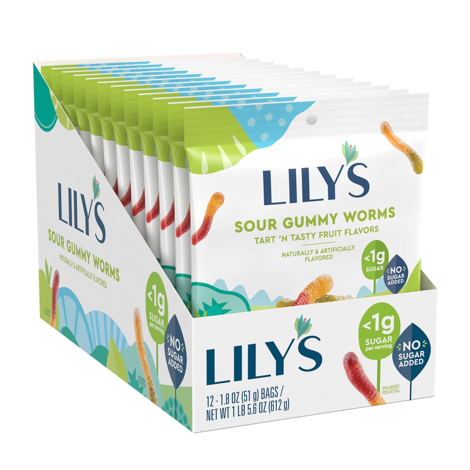 LILY&#39;S Assorted Fruit Flavored No Sugar Added, Sour Gummy Worms Bags, 1.8 oz (12 Count)
