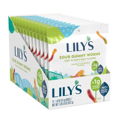 LILY&#39;S Assorted Fruit Flavored No Sugar Added, Sour Gummy Worms Bags, 1.8 oz (12 Count)