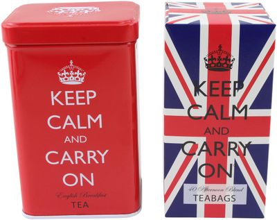 Keep Calm and Carry On English Breakfast and Afternoon Blend Teas, Set of Tin and Carton, 80 Tea Bags