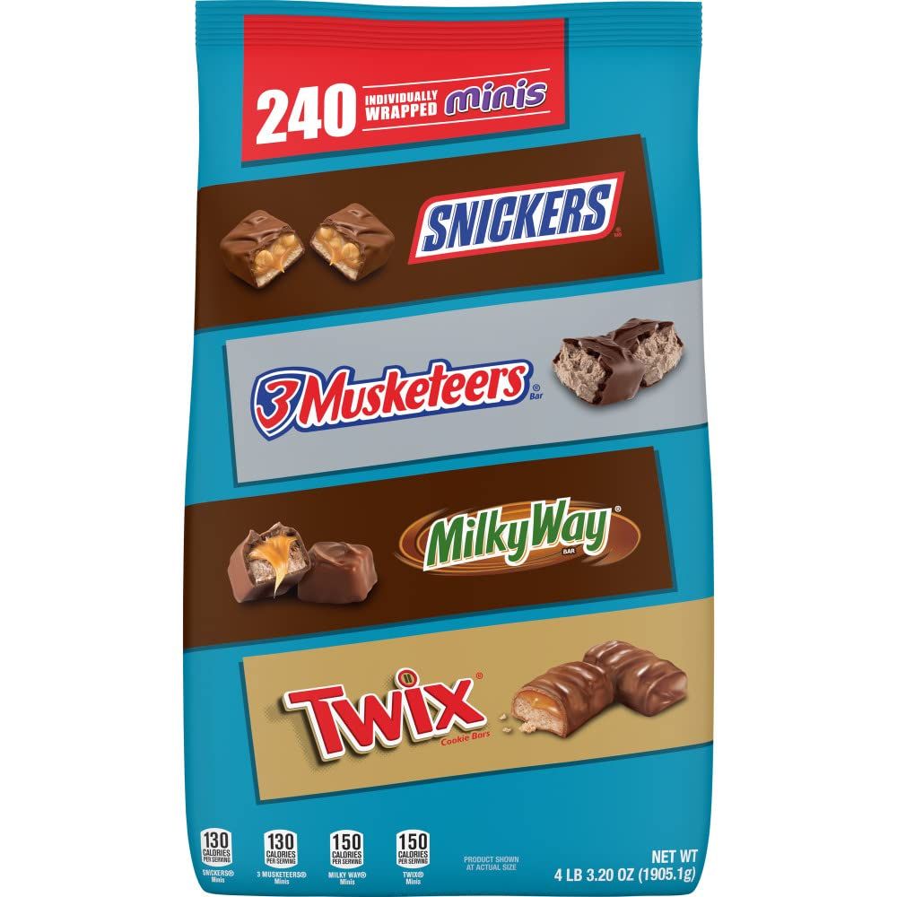 SNICKERS, TWIX, 3 MUSKETEERS &amp; MILKY WAY Individually Wrapped Variety Pack Minis Chocolate Candy Bars Bulk Assortment, 67.2 oz Bag