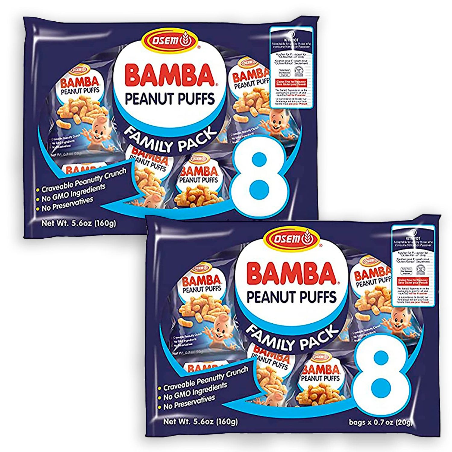 Osem Bamba Peanut Snacks for the Whole Family - All Natural Peanut Puffs 2 Family Packs (Pack of 16 x 0.7oz Bags) - Peanut Butter Puffs made with 50% peanuts