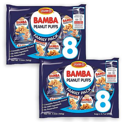 Osem Bamba Peanut Snacks for the Whole Family - All Natural Peanut Puffs 2 Family Packs (Pack of 16 x 0.7oz Bags) - Peanut Butter Puffs made with 50% peanuts