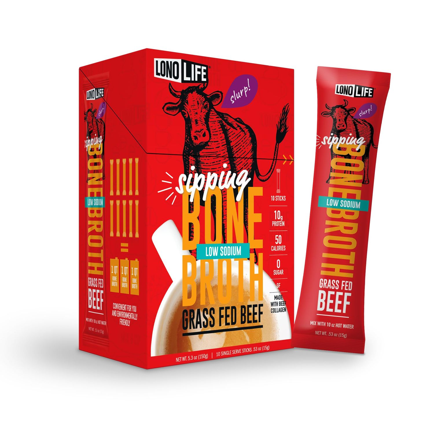 LonoLife Low Sodium Beef Bone Broth Powder Mix | Grass-Fed, 10g Protein | Collagen-Rich, Keto &amp; Paleo Friendly | Natural Ingredients | 10 Portable Stick Pack Servings