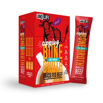 LonoLife Low Sodium Beef Bone Broth Powder Mix | Grass-Fed, 10g Protein | Collagen-Rich, Keto &amp; Paleo Friendly | Natural Ingredients | 10 Portable Stick Pack Servings