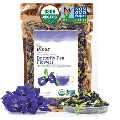 INCAS 100% USDA Organic Butterfly Pea Flower 4.41 oz (375+ Cups) DIRECT FROM SOURCE Thailand Non GMO Verified Dried Caffeine Free Gluten Free Vegan Rich in Antioxidants Free eBook