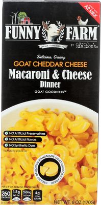 Funny Farms Goat Cheddar Cheese Macaroni and Cheese Dinner, No Artificial Preservatives, No Artificial Flavors, No Synthetic Dyes, 6 Ounce (Pack of 8)