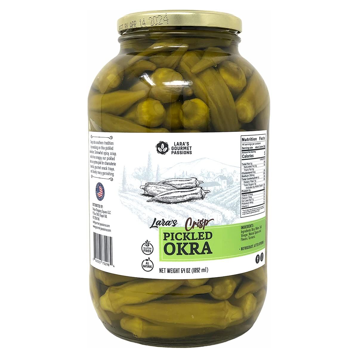 Lara&#39;s Crisp Pickled Okra - (Pack of 1, 64 oz) - Southern Style Mild Okra for Charcuterie Boards, Gourmet Snack Trays, and Garnishes - Gluten-Free, All-Natural Okras (1/2 Gallon)