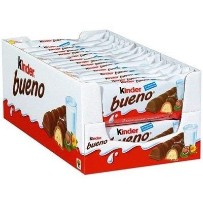 Kinder Bueno Milk and Hazelnut Cream Candy Bar Packs 2 Individually Wrapped Bars Per Pack Perfect Valentine&#39;s Day Gifts for Kids, hazelnut,milk chocolate, 30 Count