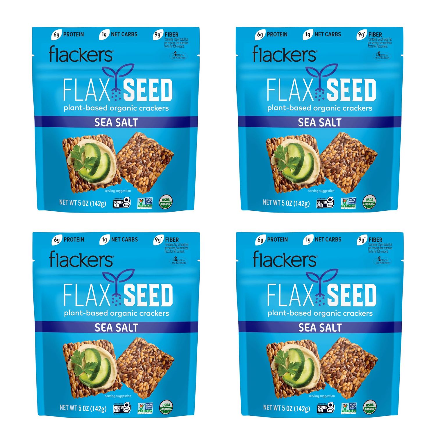 Flackers Organic Sea Salt Flaxseed Crackers, Gluten Free, Non GMO, Vegan, Keto Snack, 9g Fiber, 1g Net Carb, 5 Ounce 4-Pack