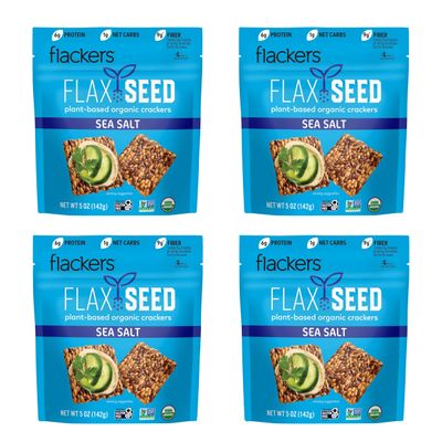 Flackers Organic Sea Salt Flaxseed Crackers, Gluten Free, Non GMO, Vegan, Keto Snack, 9g Fiber, 1g Net Carb, 5 Ounce 4-Pack