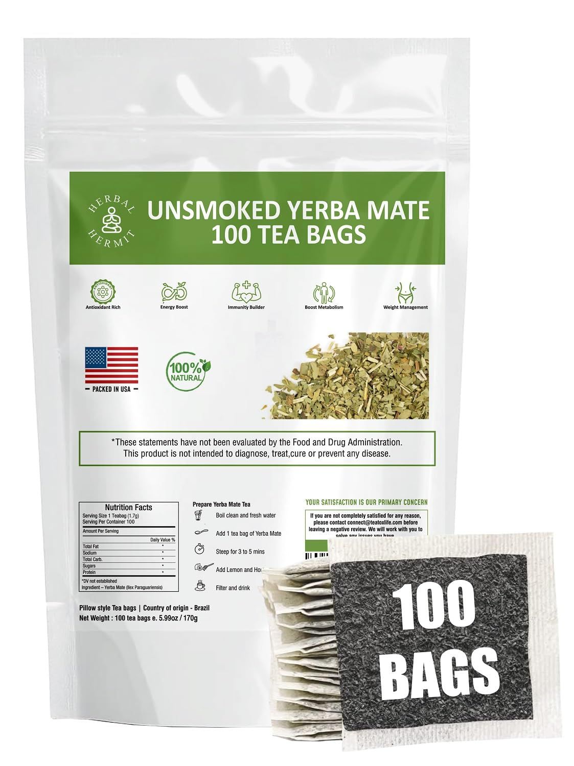 Herbal Hermit Yerba Mate Tea with 100 tea bags Natural Organic Yerba Matte Rich in Chlorophyll, Antioxidants and Vitamins, Made in USA