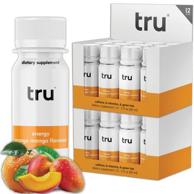 Tru Energy Shot, Orange Mango Flavored Extra Strength Energy Shots - Zero Sugar Energy Drink plus Vitamin B3, B6, B12, and Green Tea - Natural Caffeine, GF, Keto, Vegan Supplement, 2oz (Pack of 24)