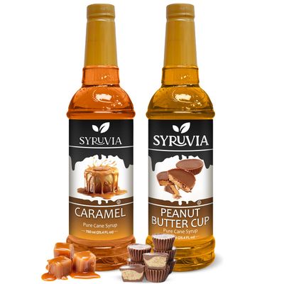 Syruvia Coffee Syrup Variety Pack - Caramel &amp; Peanut Butter Cup - Gluten-Free, Kosher, 25.4 fl oz Bottles - Enhance Your Coffee Experience with Premium Flavoring Syrups