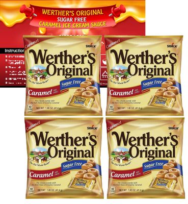 Werther&#39;s Original Sugar Free Hard Candies 1.46 oz (Pack of 4) and Exclusive Sugar Free Caramel Ice Cream Sauce Recipe