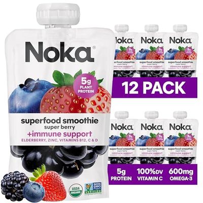 Noka Superfood Fruit Smoothie Pouches, Super Berry with Immune Support, Healthy Snacks with Elderberry, Flax Seed, Plant Protein, and Prebiotic Fiber, Gluten Free and Vegan, 4.22 oz, 12 Count