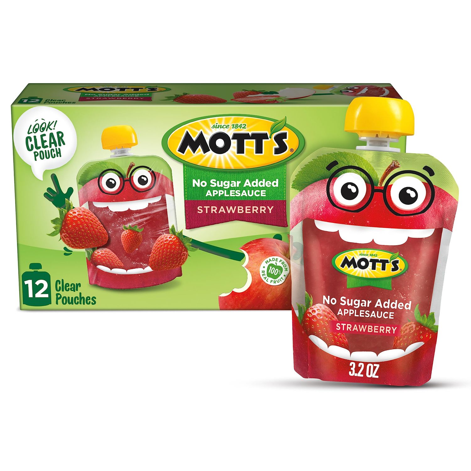 Mott&#39;s No Sugar Added Strawberry Applesauce, 3.2 oz clear pouches, 12 count