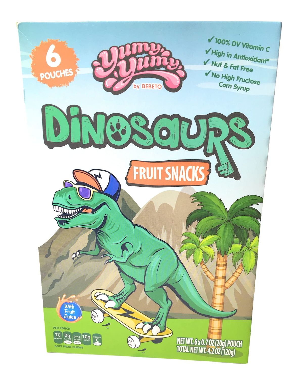 (1) Box of 6 Yumy Yumy Dinosaurs Individually Wrapped Fruit Snacks Pouches (Total Net Wt. 4.2 oz)