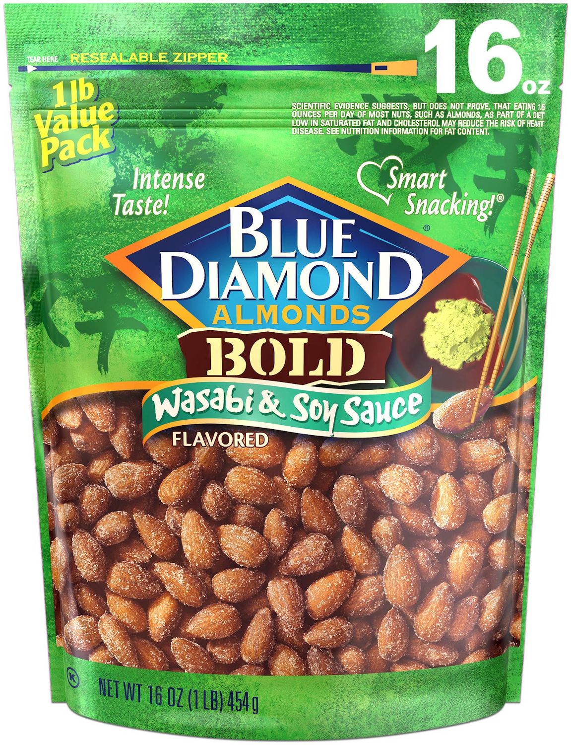Blue Diamond Almonds Wasabi &amp; Soy Sauce Flavored Snack Nuts, 16 Oz Resealable Bag (Pack of 1)