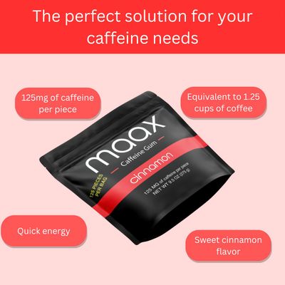 Maax Caffeine Energy Gum | 125mg of caffeine per piece | Cinnamon | 125 total pieces per bag | Focus Supplement