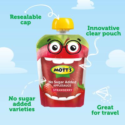 Mott's No Sugar Added Strawberry Applesauce, 3.2 oz clear pouches, 12 count