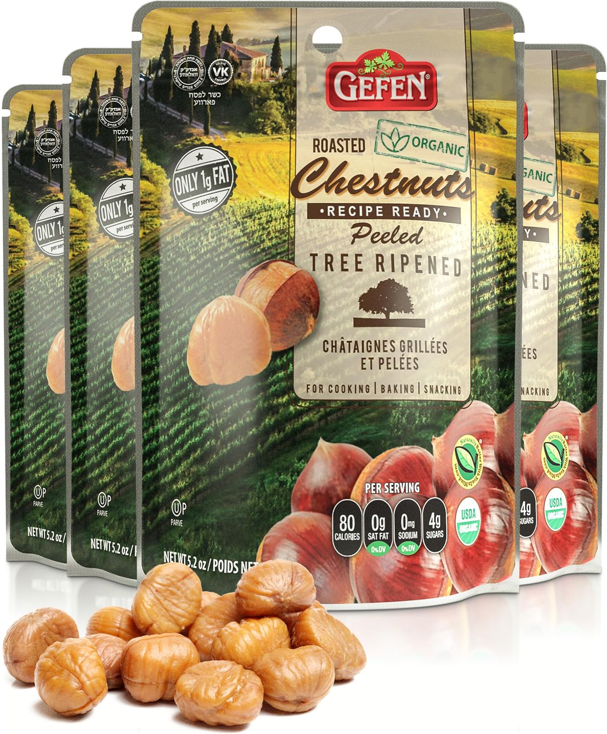 Gefen Organic Whole Peeled and Roasted Chestnuts, 5.2oz (4 Pack) | Chestnuts Peeled and Ready to Eat | Great for Cooking &amp; Baking | Gluten Free | Kosher